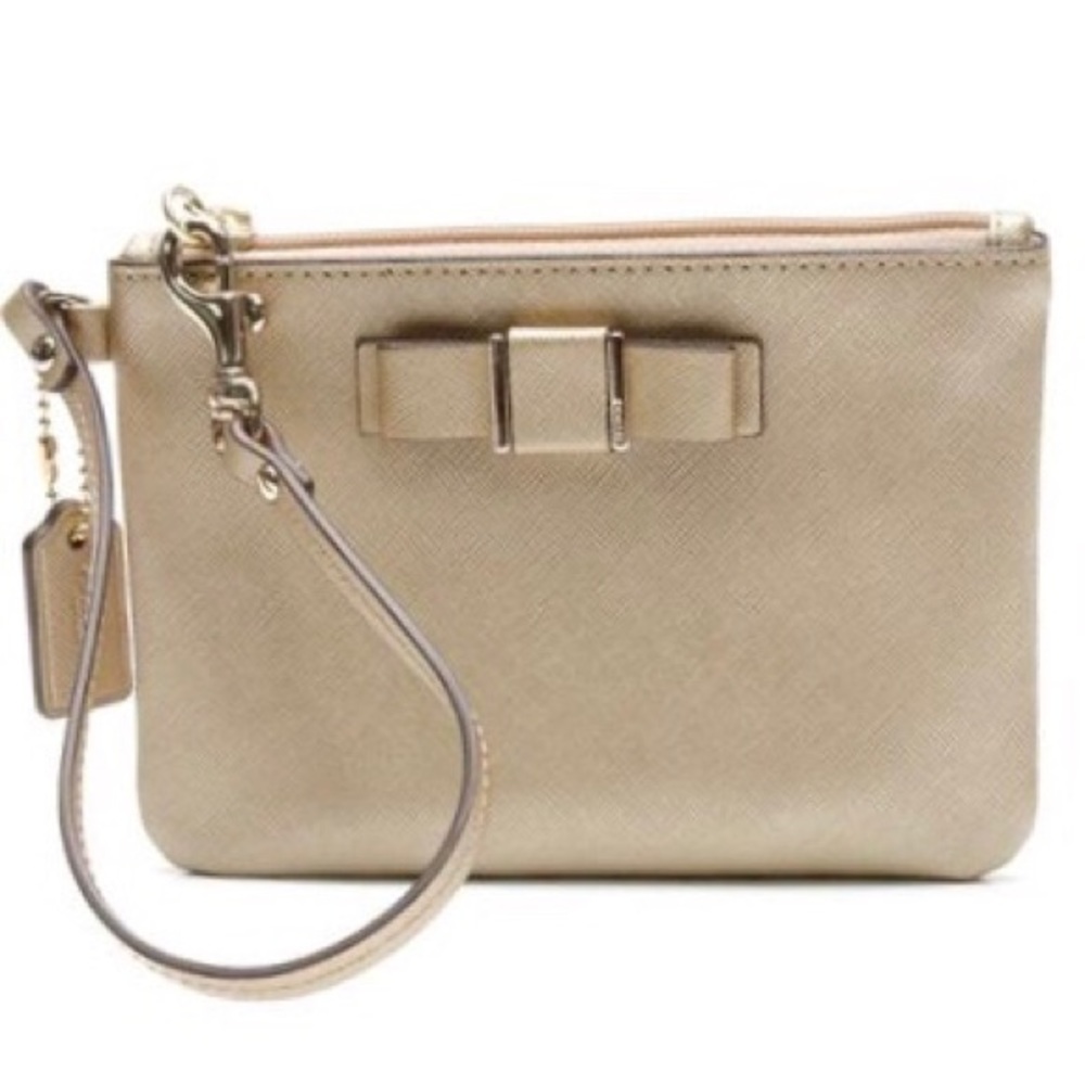 Coach gold saffiano Leather Darcy Bow wristlet - Picture 1 of 6